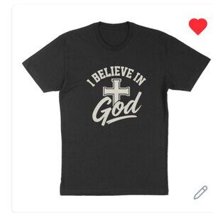 Black T-Shirt with white color letters written "I believe in God", with a cross